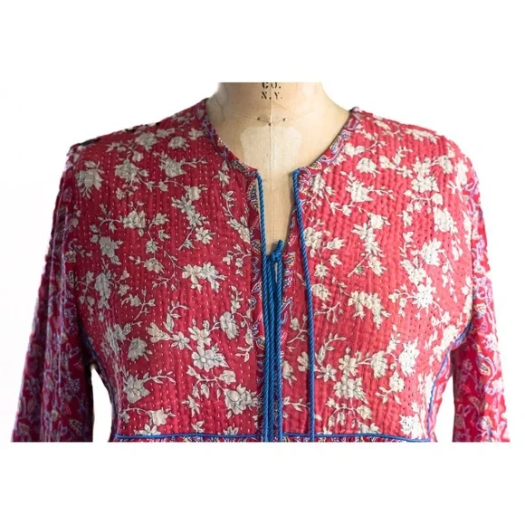 Indian Boho Block Print Hand Stitched Red Kantha Bodice Maxi Dress Sz Small - Picture 6 of 11